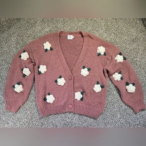 Luna Ivy Floral Knit Mauve Cardigan Sweater Size Large EUC Womens Funky chunky